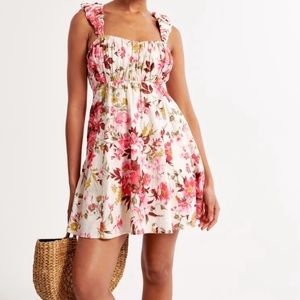 Abercrombie & Fitch Puff Strap Babydoll Mini Dress Cream and Pink Floral